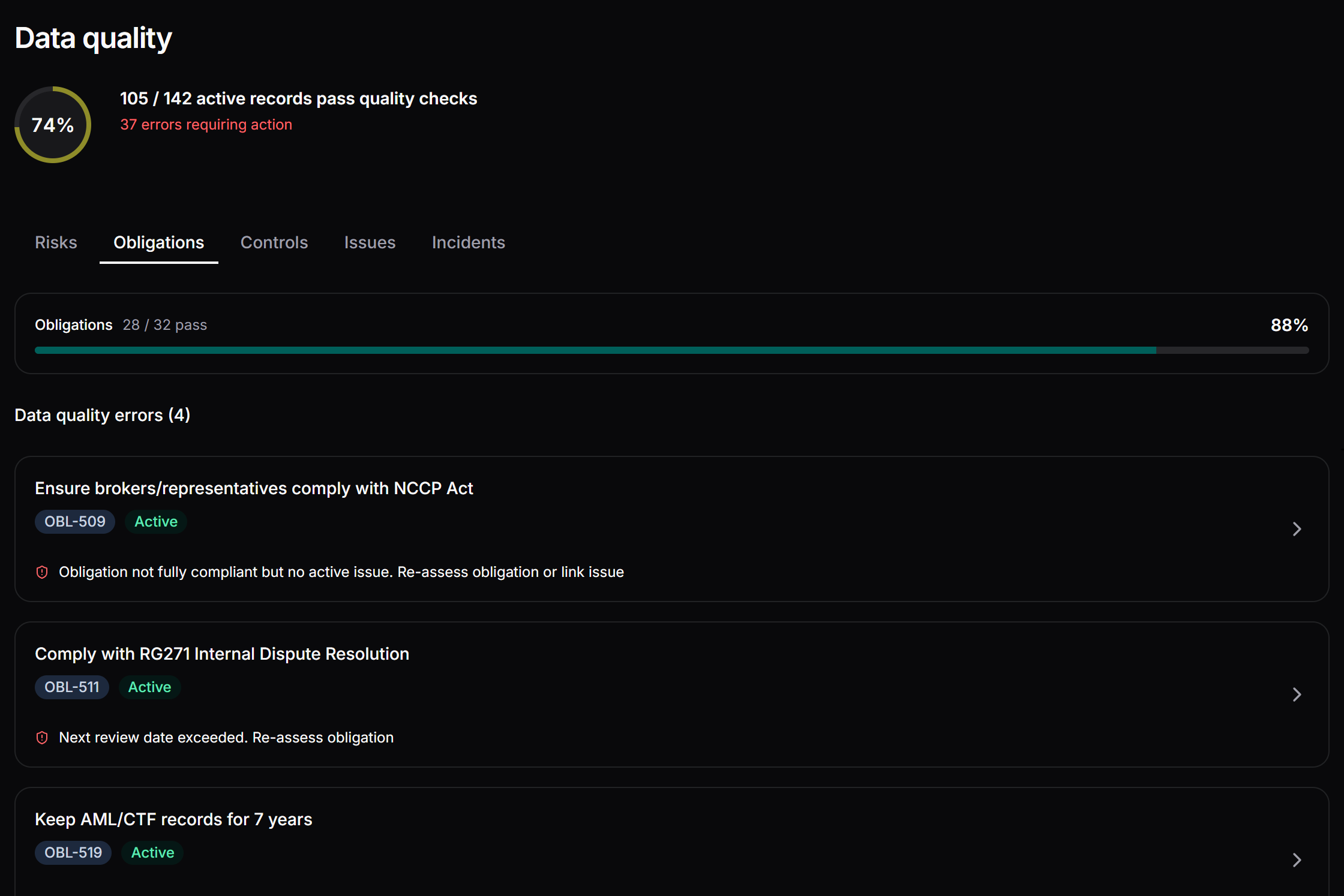 Helm showing data quality checks and areas requiring attention